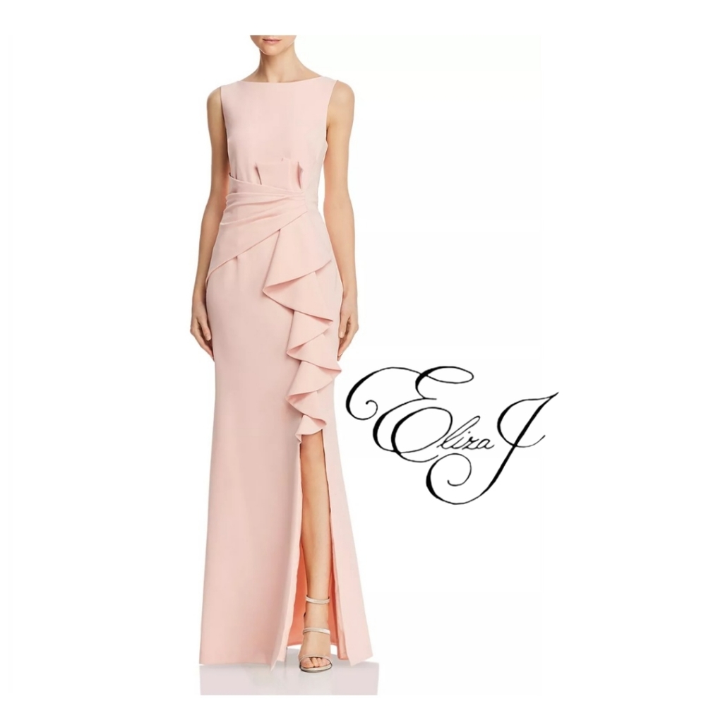 Eliza J Sleeveless Cascading-Ruffle Gown – Blush, Size 2